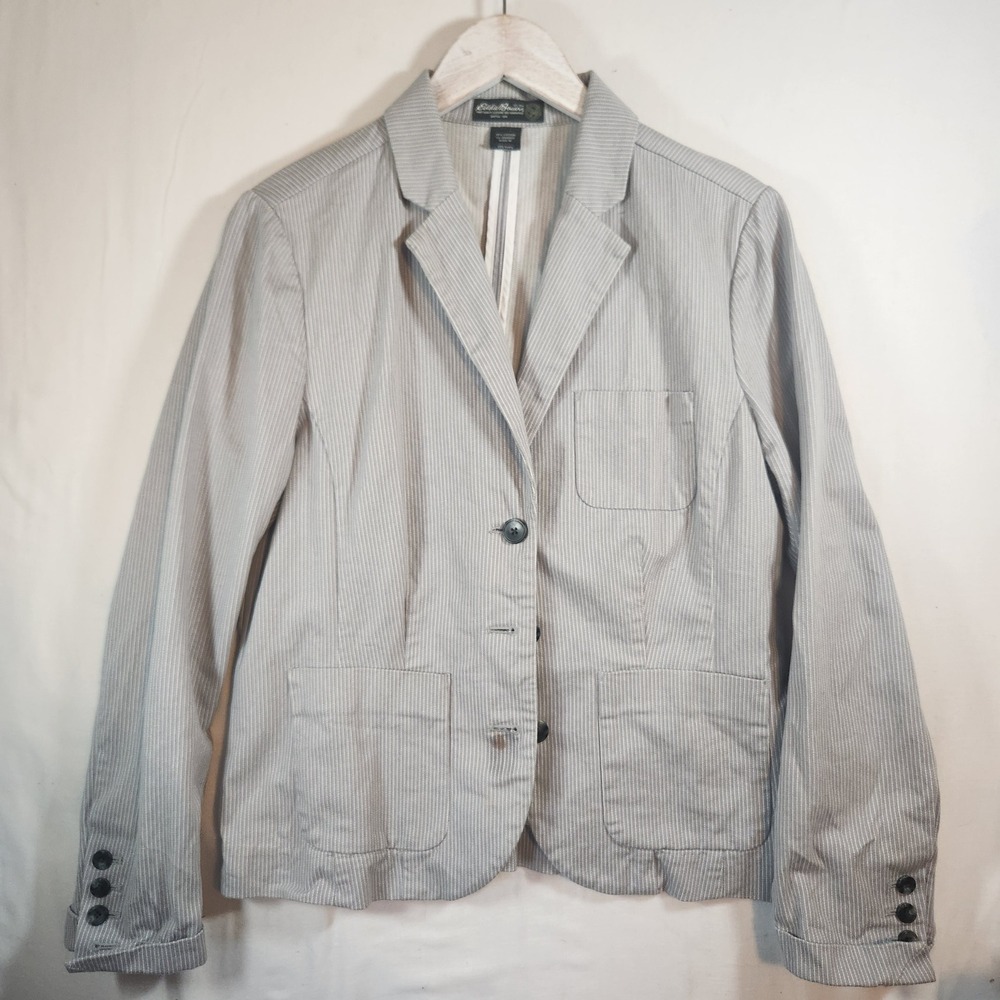 Eddie Bauer Womens Gray Pinstripe Cotton Blazer Jacket Size 14 3-Button Career